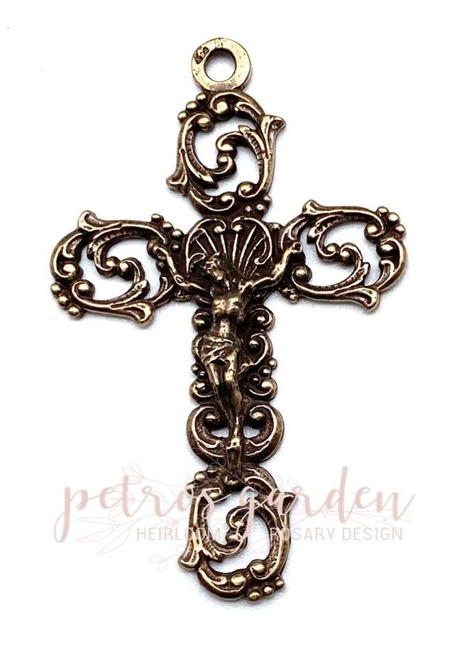 Solid Bronze ELABORATE SCROLLS Rosary Crucifix, Catholic Pendant, Antique/Vintage Reproduction #PG4121