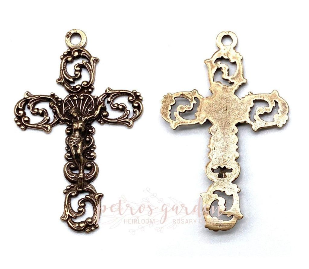 Solid Bronze ELABORATE SCROLLS Rosary Crucifix, Catholic Pendant, Antique/Vintage Reproduction #PG4121