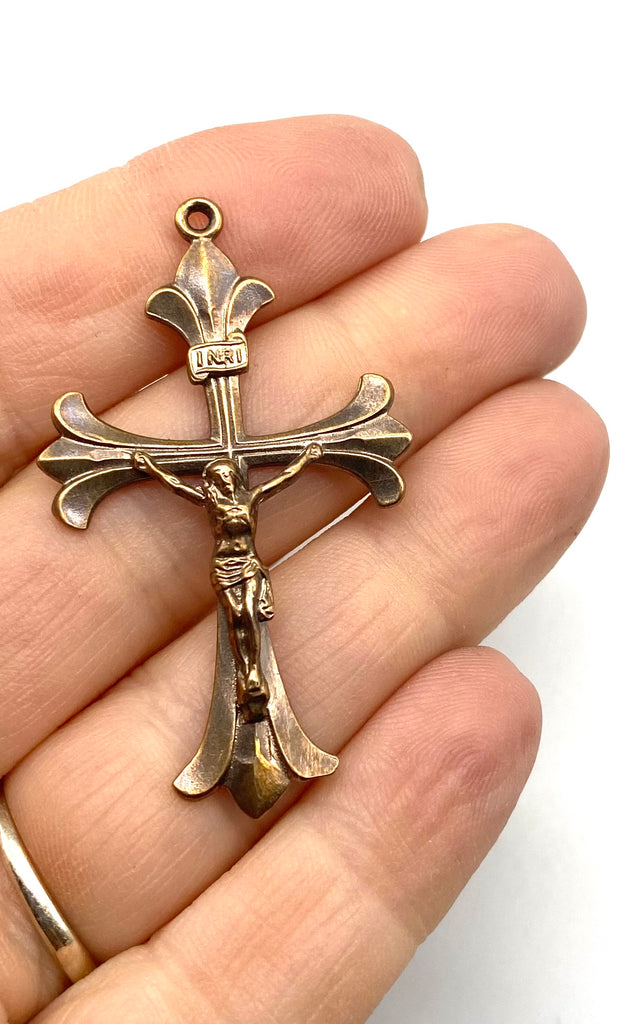 Solid Bronze ELEGANT FLARED Catholic Crucifix, Rosary Parts, Religious Charms, Antique Vintage Reproduction #PG4150