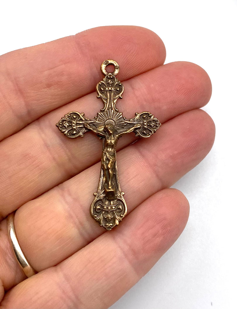 Solid Bronze ELEGANT FLORAL Crucifix, Rosary Parts, Catholic Pendant Jewelry, Religious Charm, Antique/Vintage Reproduction #PG3152