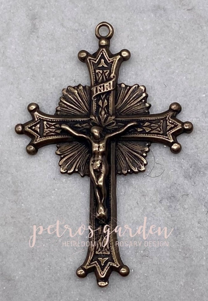 Solid Bronze ELEGANT RAYS Crucifix, Catholic Pendant, Rosary Parts, Religious Charms, Antique/Vintage Reproduction #PG3120