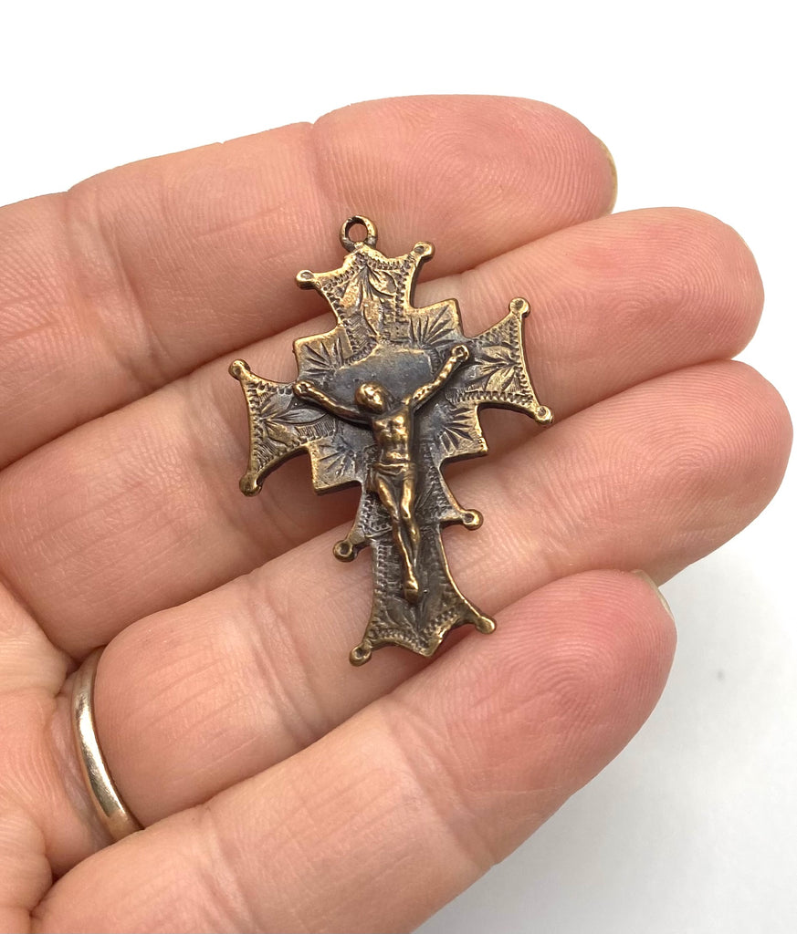 Solid Bronze ETCHED Rosary Crucifix, Catholic Pendant, Antique/Vintage Reproduction #PG3139