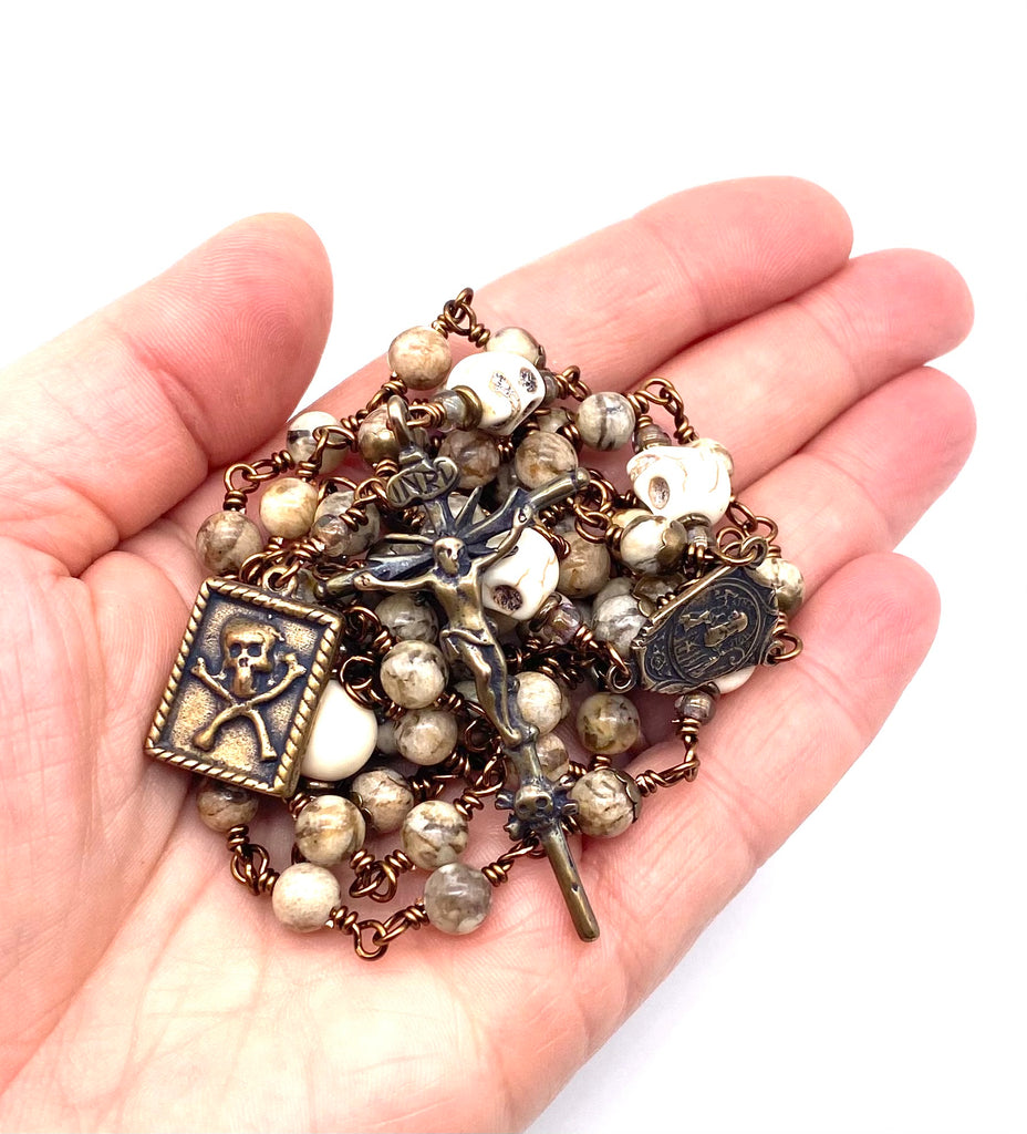 Feldspar Gemstone Wire Wrapped Catholic Heirloom "Memento Mori" Rosary MEDIUM