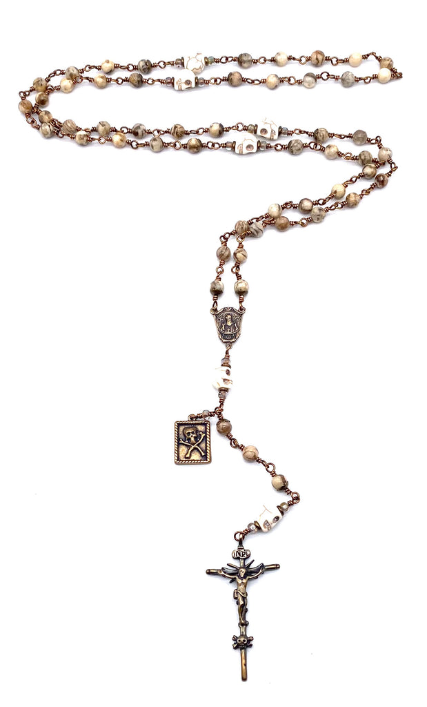 Feldspar Gemstone Wire Wrapped Catholic Heirloom "Memento Mori" Rosary MEDIUM