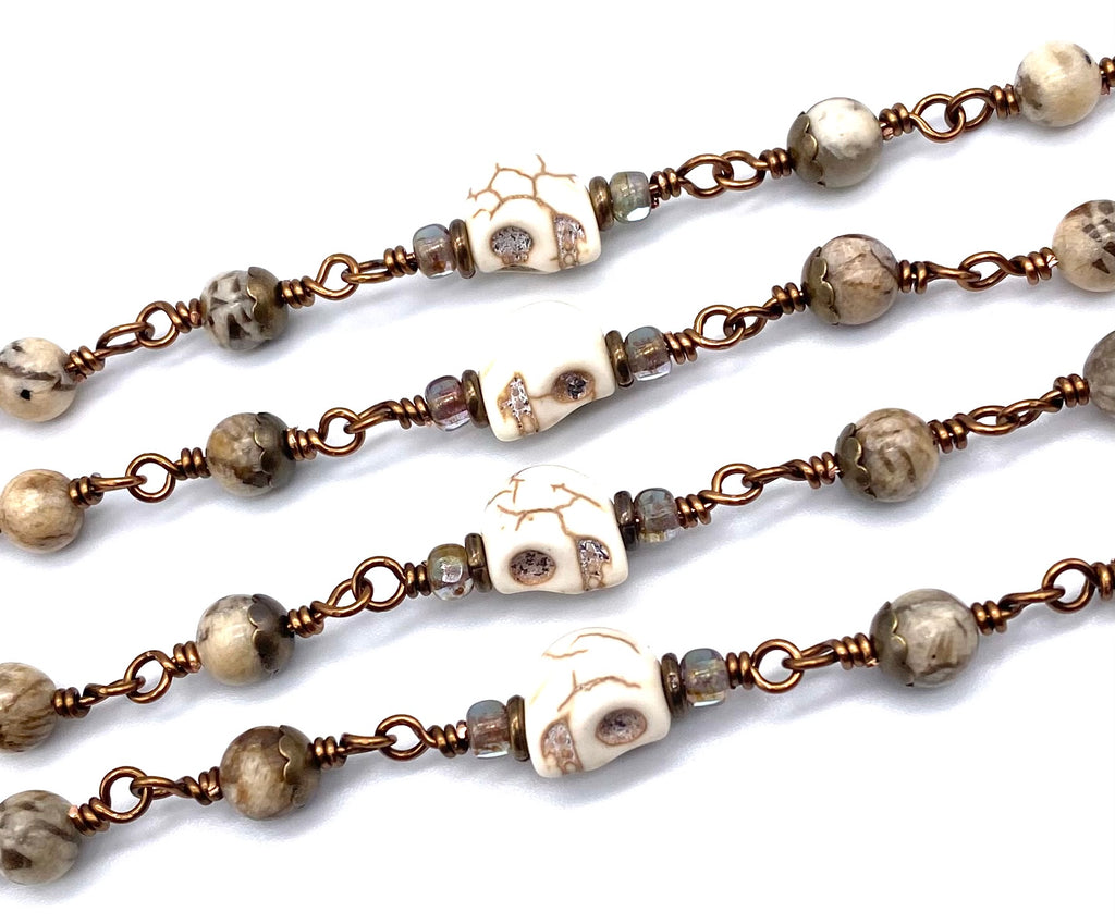 Feldspar Gemstone Wire Wrapped Catholic Heirloom "Memento Mori" Rosary MEDIUM