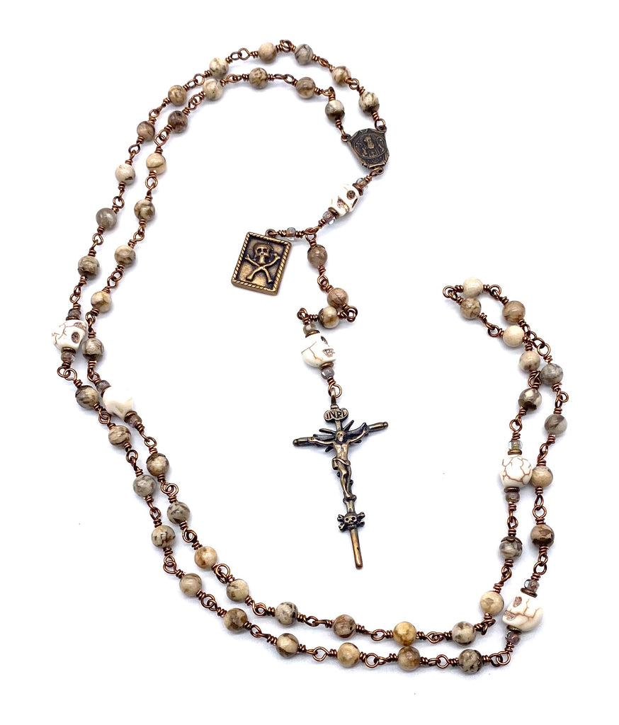 Feldspar Gemstone Wire Wrapped Catholic Heirloom "Memento Mori" Rosary MEDIUM