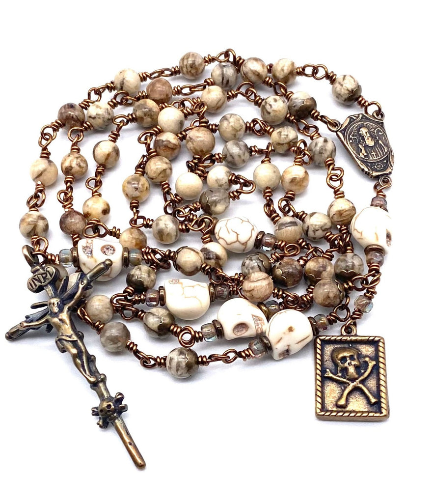 Feldspar Gemstone Wire Wrapped Catholic Heirloom "Memento Mori" Rosary Medium