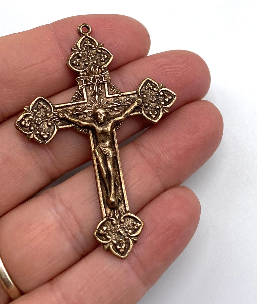 Solid Bronze FERN AND FLOWER Rosary Crucifix Antique Vintage Reproduction #PG4128