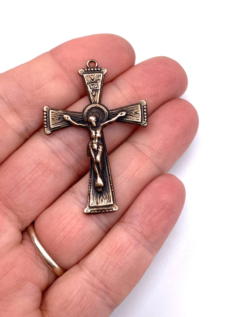 Solid Bronze RUSTIC FLARED Crucifix, Rosary Parts, Catholic Pendant, Religious Charm, Antique/Vintage Reproduction #PG3118