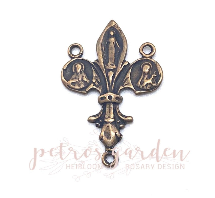 Solid Bronze FLEUR DE LIS Rosary Center Antique Vintage Reproduction #PG2112
