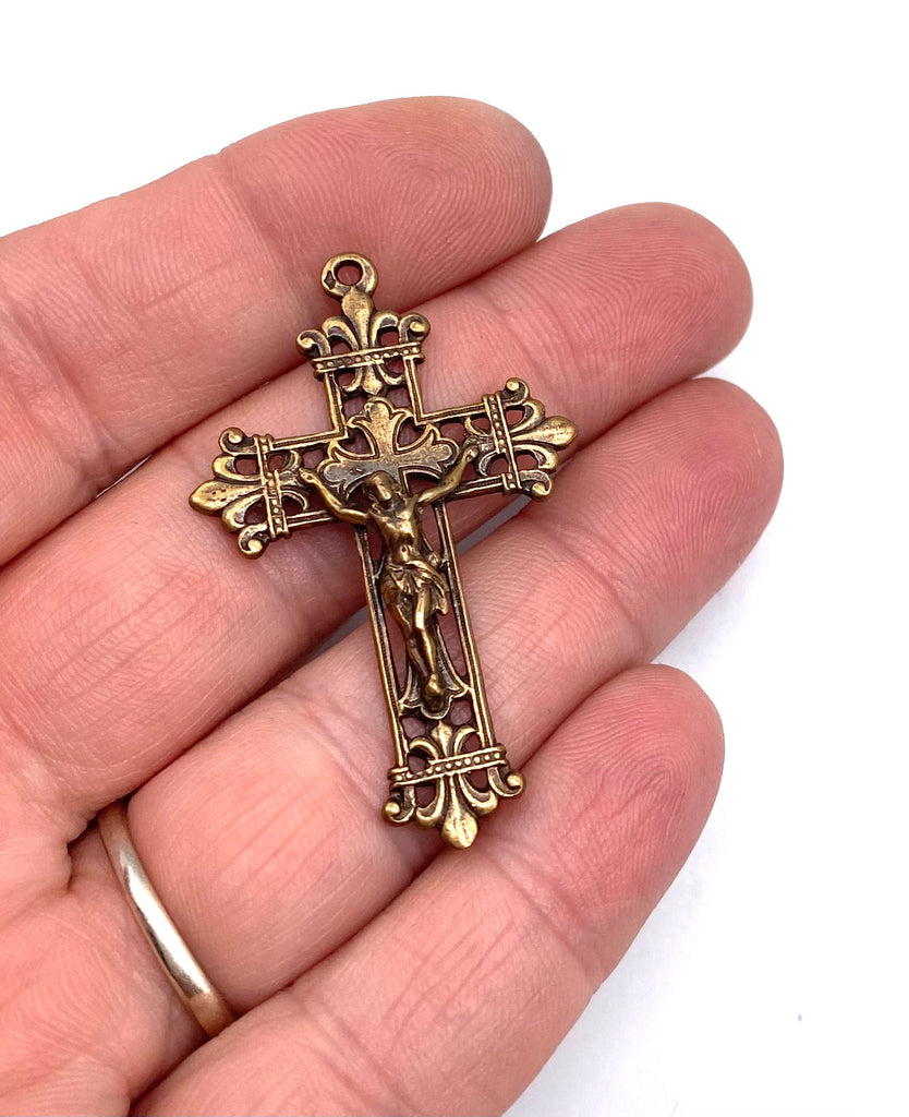 Solid Bronze FLEUR DE LIS LATTICE Crucifix, Rosary Parts, Religious Charm, Antique/Vintage Reproduction #PG3104