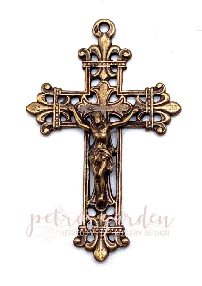 Solid Bronze FLEUR DE LIS LATTICE Crucifix, Rosary Parts, Religious Charm, Antique/Vintage Reproduction #PG3104