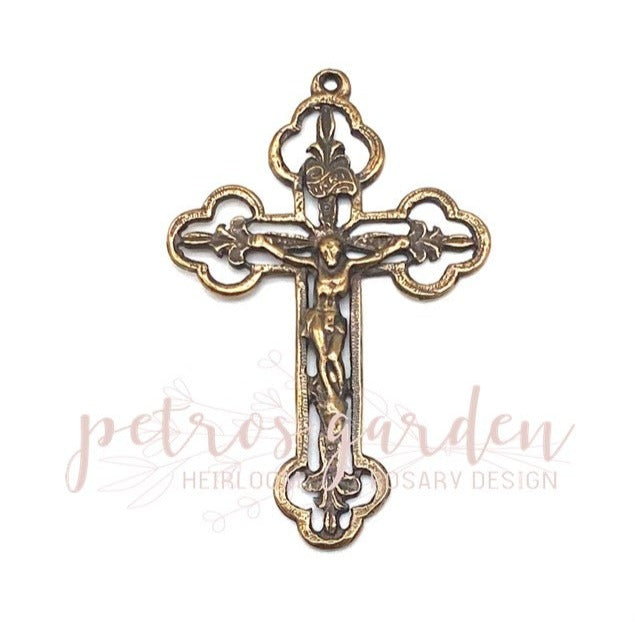 Solid Bronze LILIES Open-work Large Crucifix, Catholic Pendant, Antique/Vintage Reproduction #PG4120
