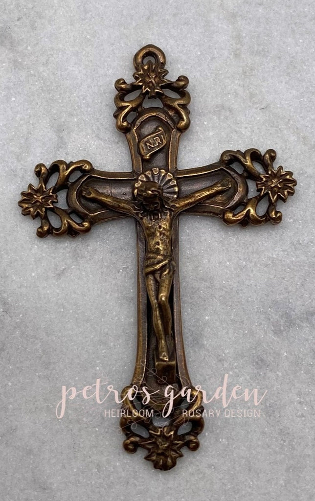Solid Bronze FLOWER SCROLL BURSTS Crucifix, Rosary Parts, Catholic Pendant, Antique/Vintage Reproduction #PG4118
