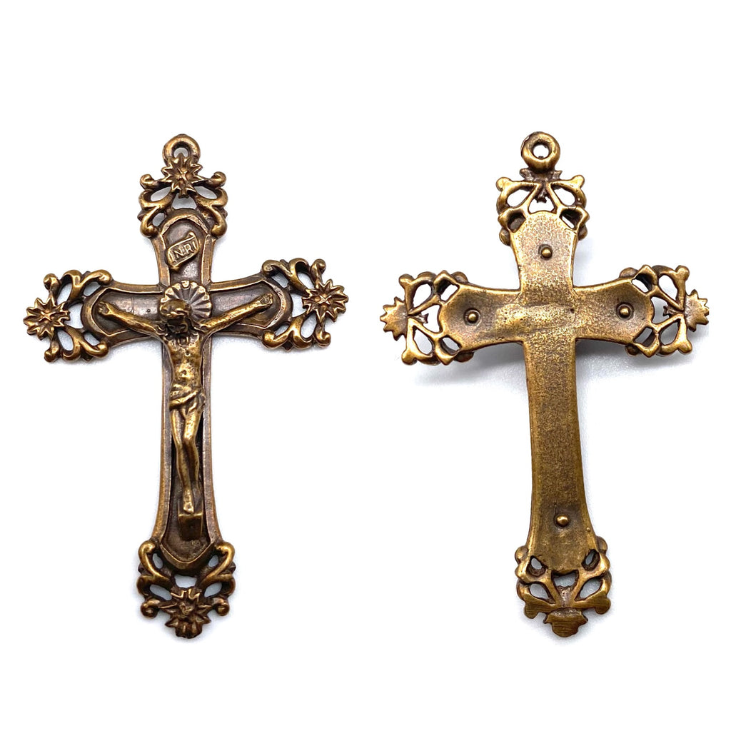 Solid Bronze FLOWER SCROLL BURSTS Crucifix, Rosary Parts, Catholic Pendant, Antique/Vintage Reproduction #PG4118