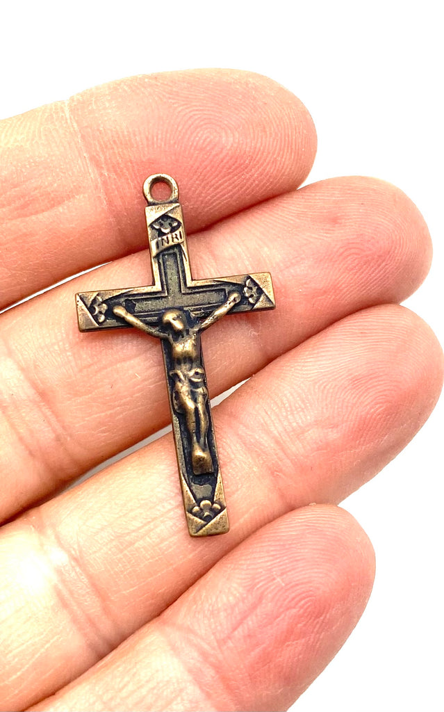 Solid Bronze FOLDED EDGE Rosary Crucifix Antique Vintage Reproduction #PG3174