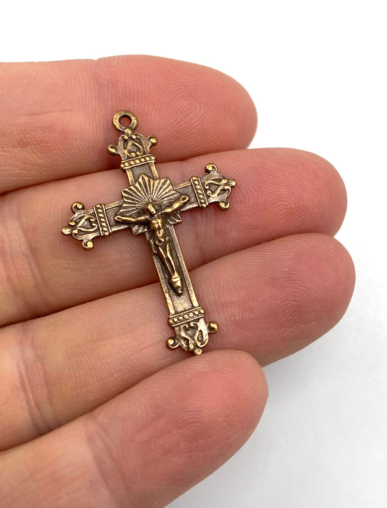 Solid Bronze FORMAL ELABORATE Crucifix, Rosary Parts, Catholic Pendant Jewelry, Religious Charm, Antique/Vintage Reproduction #PG3150