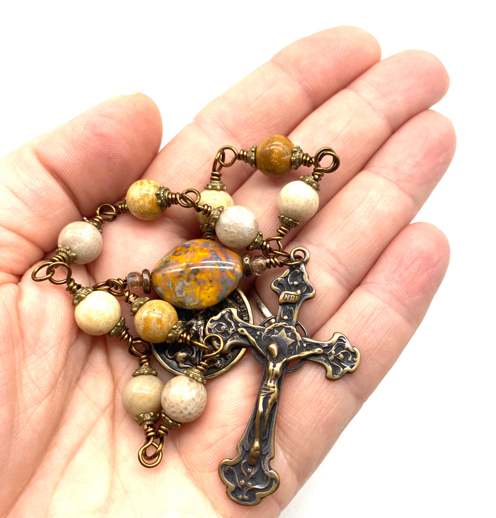 Fossil Coral Gemstone Wire Wrapped Catholic Heirloom Tenner Rosary