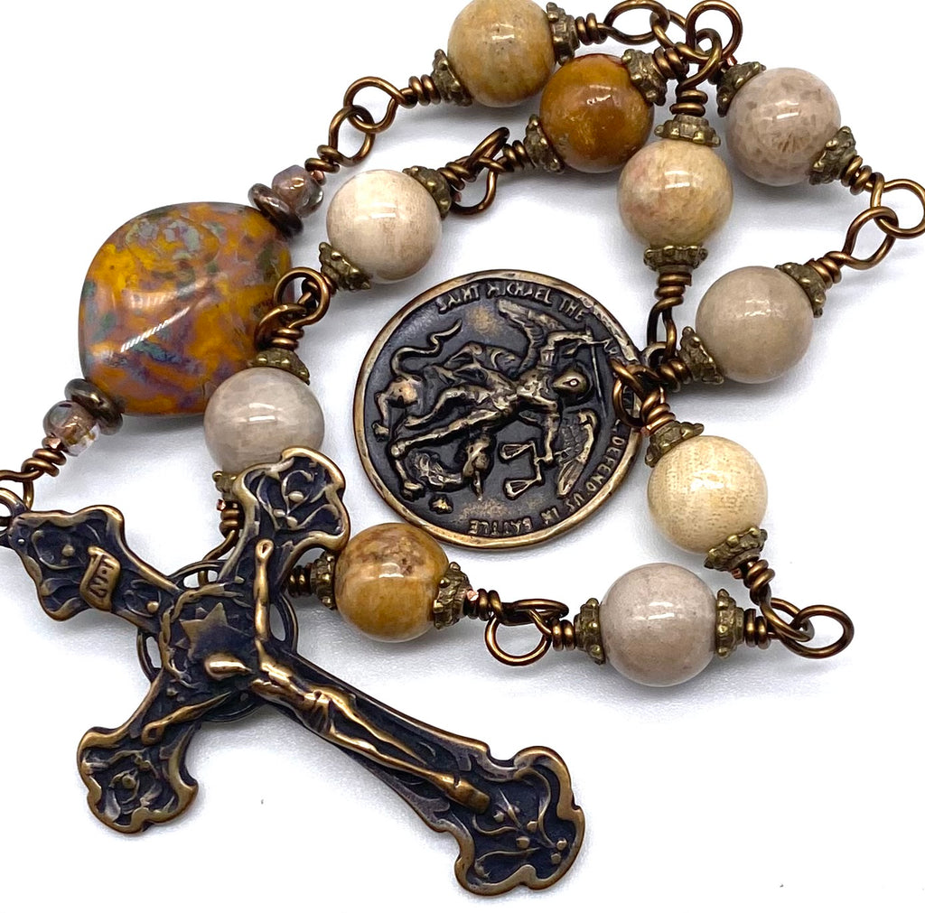 Fossil Coral Gemstone Wire Wrapped Catholic Heirloom Tenner Rosary