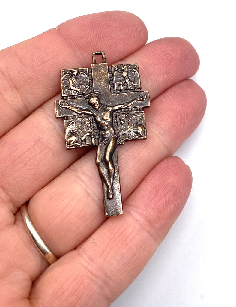 Solid Bronze FOUR EVANGELISTS Crucifix, Catholic Pendant, Antique/Vintage Reproduction #PG3133