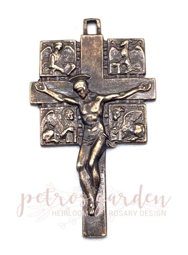 Solid Bronze FOUR EVANGELISTS Crucifix, Catholic Pendant, Antique/Vintage Reproduction #PG3133