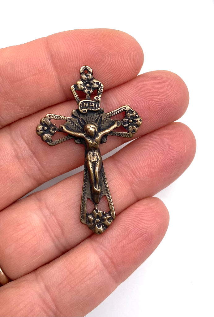 Solid Bronze FOUR FLOWERS OPENWORK Crucifix, Catholic Pendant, Rosary Parts, Religious Charm, Antique/Vintage Reproduction #PG3124