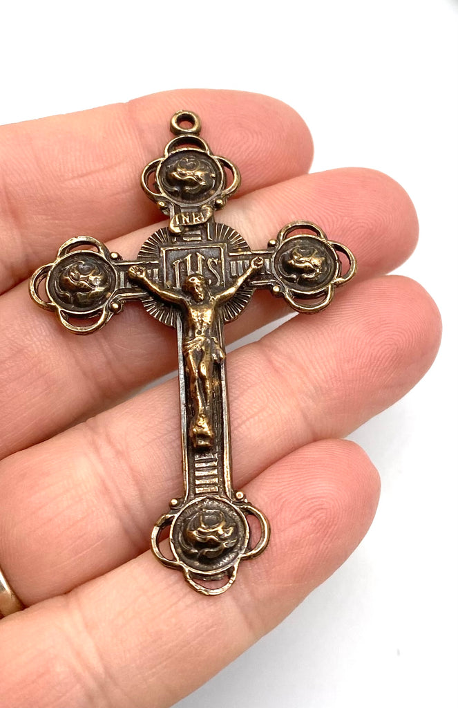 Solid Bronze FOUR ROSES Rosary Crucifix, Catholic Pendant, Antique/Vintage Reproduction #PG4124