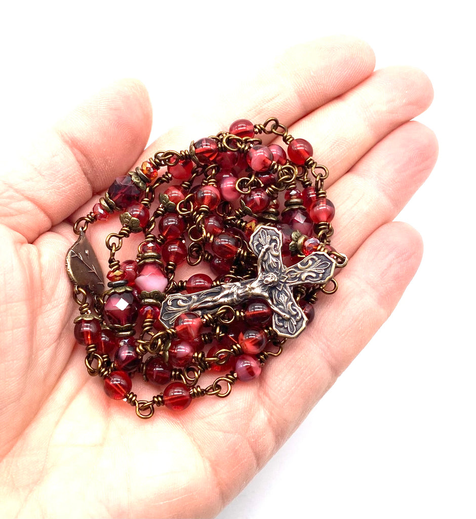 Fuchsia Czech Glass Wire Wrapped Catholic Heirloom Rosary Medium
