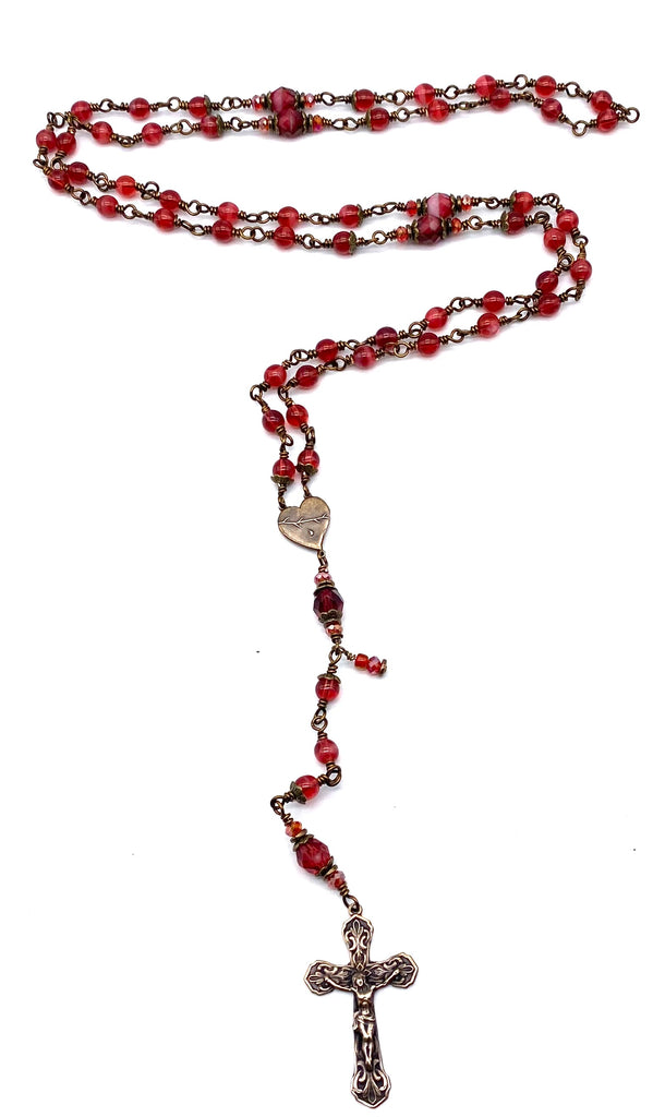 Fuchsia Czech Glass Wire Wrapped Catholic Heirloom Rosary Medium