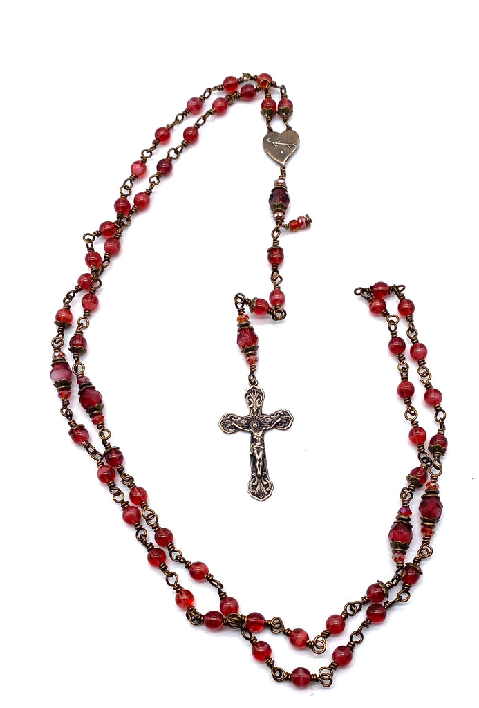 Fuchsia Czech Glass Wire Wrapped Catholic Heirloom Rosary Medium