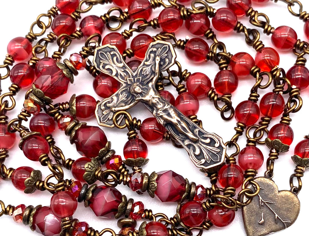 Fuchsia Czech Glass Wire Wrapped Catholic Heirloom Rosary Medium