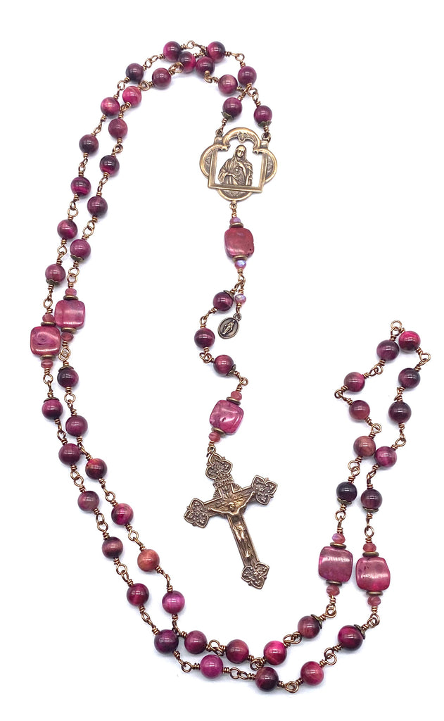 Fuchsia Tiger Eye Gemstone Wire Wrapped Catholic Heirloom Rosary LARGE