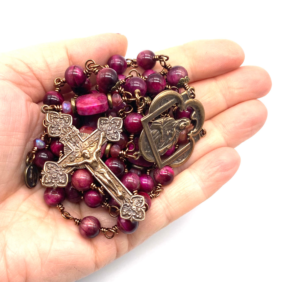 Fuchsia Tiger Eye Gemstone Wire Wrapped Catholic Heirloom Rosary LARGE