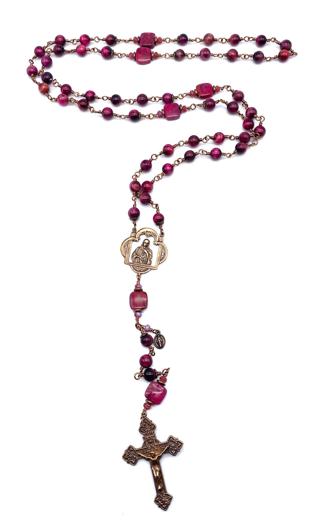 Fuchsia Tiger Eye Gemstone Wire Wrapped Catholic Heirloom Rosary LARGE