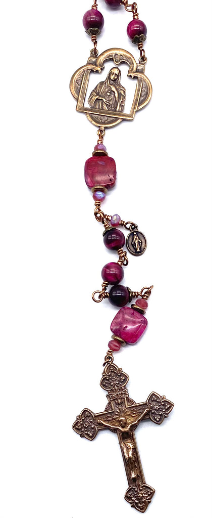 Fuchsia Tiger Eye Gemstone Wire Wrapped Catholic Heirloom Rosary LARGE