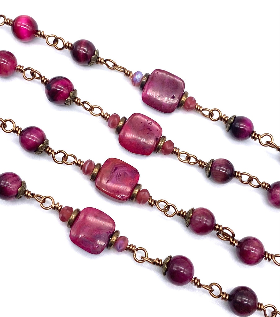 Fuchsia Tiger Eye Gemstone Wire Wrapped Catholic Heirloom Rosary LARGE