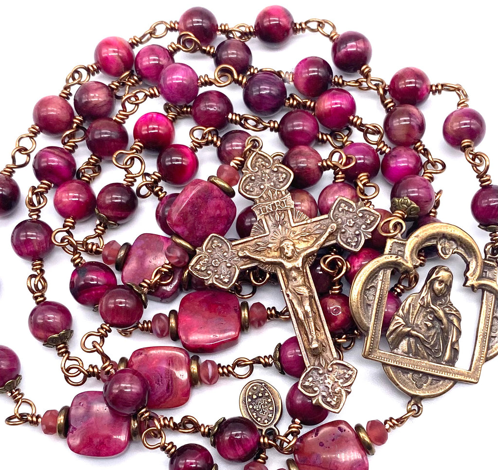 Fuchsia Tiger Eye Gemstone Wire Wrapped Catholic Heirloom Rosary LARGE