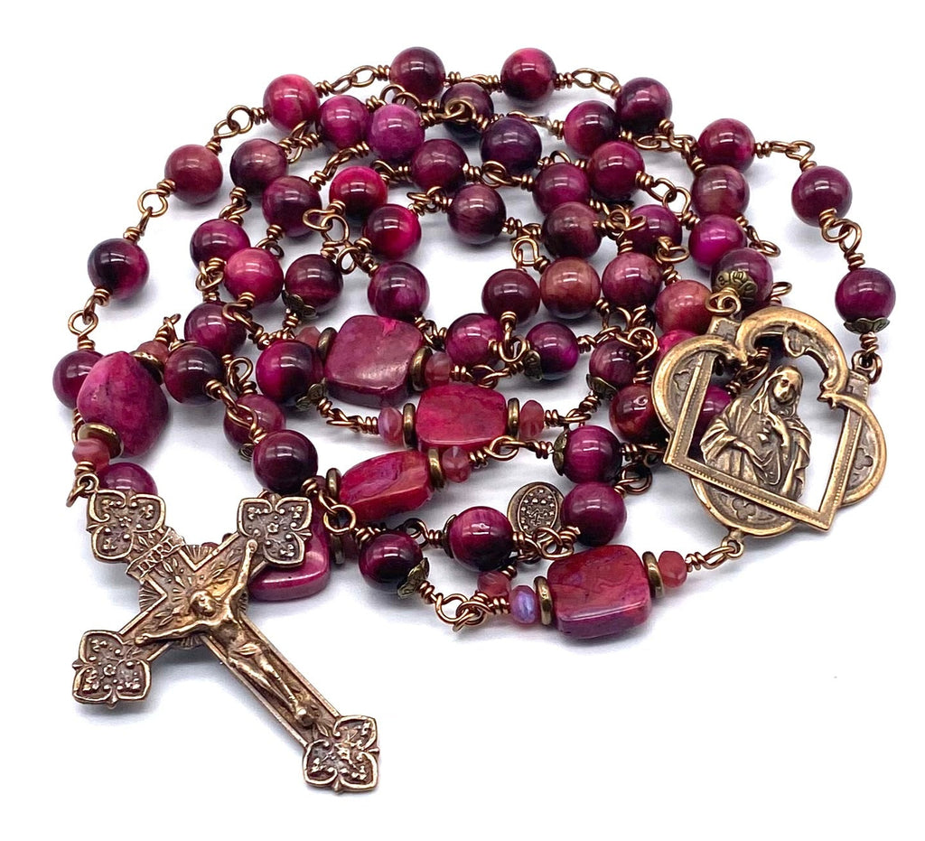 Fuchsia Tiger Eye Gemstone Wire Wrapped Catholic Heirloom Rosary LARGE