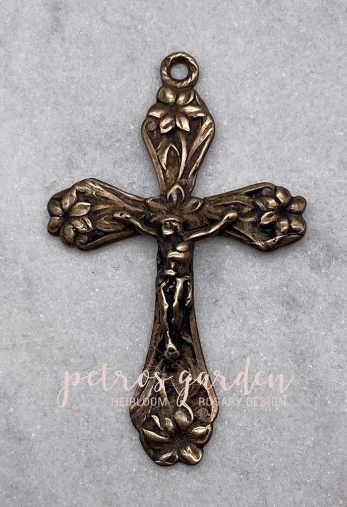 Solid Bronze GARDEN LILIES Crucifix, Rosary Parts, Catholic Pendant, Religious Charm, Antique/Vintage Reproduction #PG3123