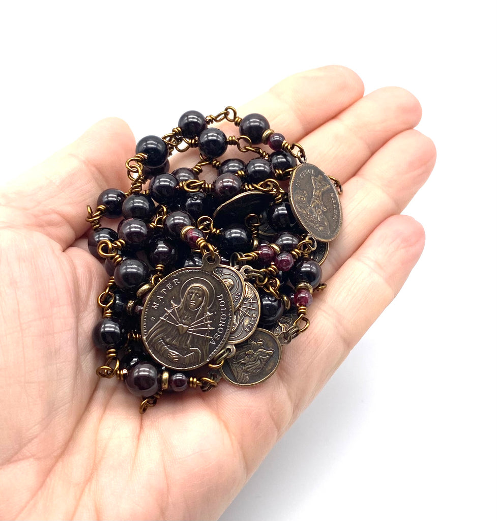 Garnet Gemstone Wire Wrapped Catholic Heirloom Rosary of the Seven Sorrows Lrg