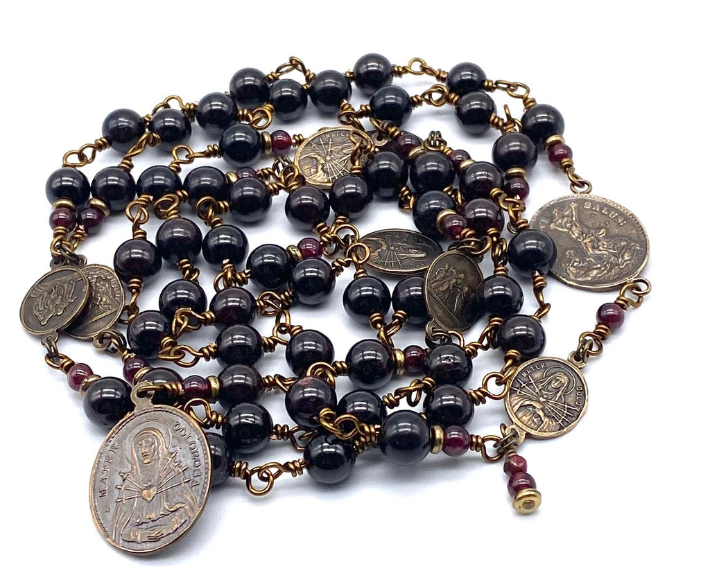 Garnet Gemstone Wire Wrapped Catholic Heirloom Rosary of the Seven Sorrows Lrg