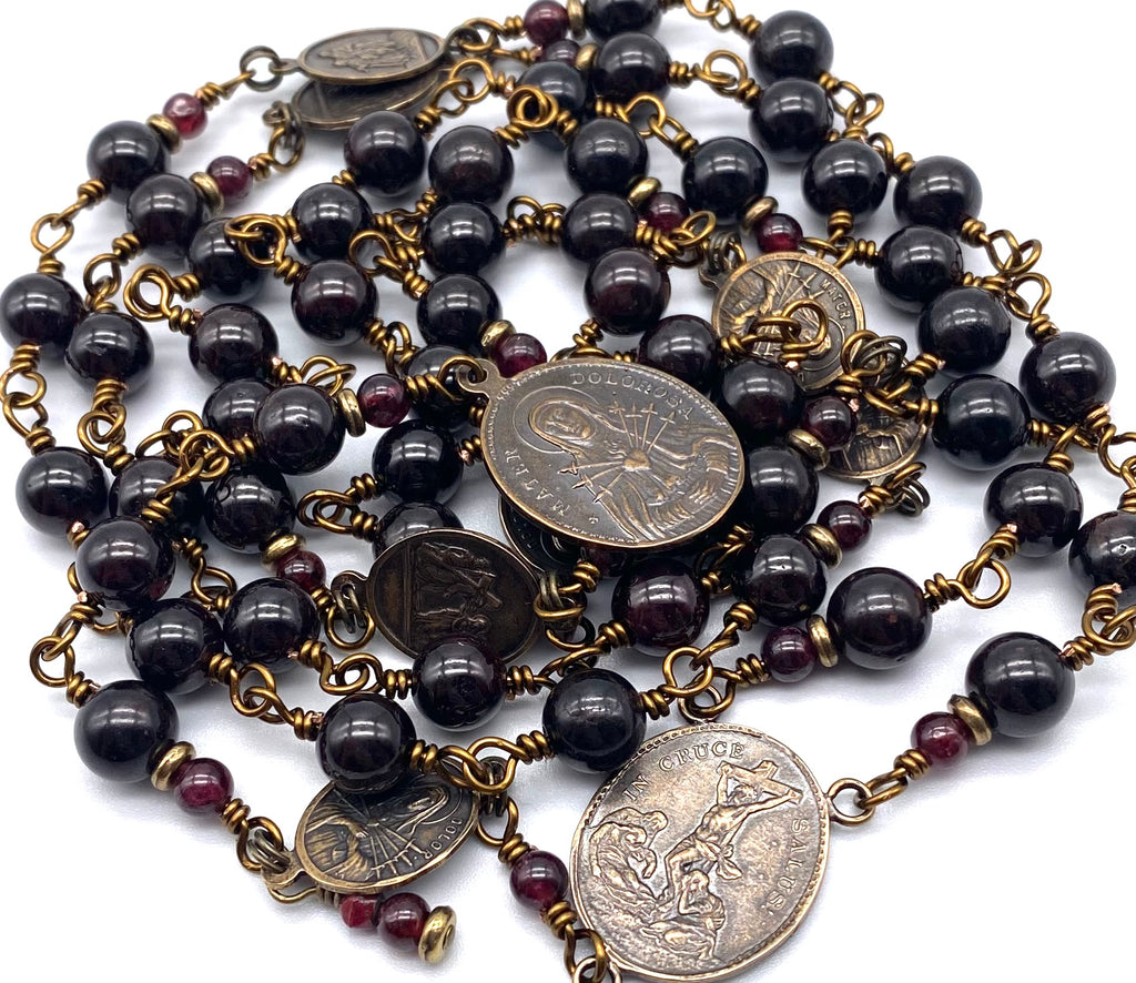 Garnet Gemstone Wire Wrapped Catholic Heirloom Rosary of the Seven Sorrows Lrg