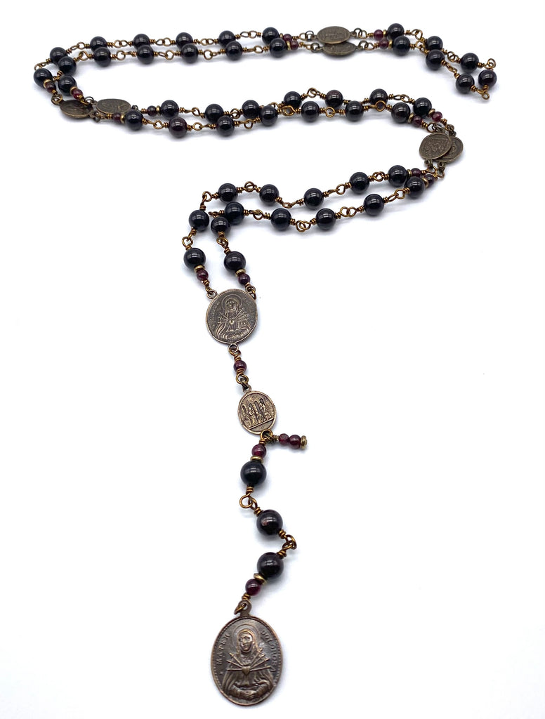 Garnet Gemstone Wire Wrapped Catholic Heirloom Rosary of the Seven Sorrows Lrg