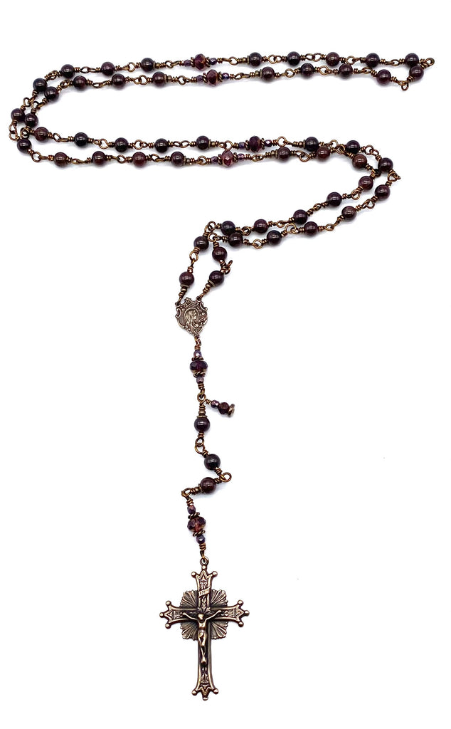 Garnet Faceted Gemstone Wire Wrapped Catholic Heirloom Rosary Medium