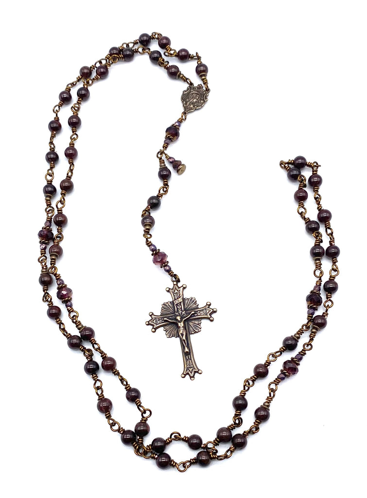 Garnet Faceted Gemstone Wire Wrapped Catholic Heirloom Rosary Medium