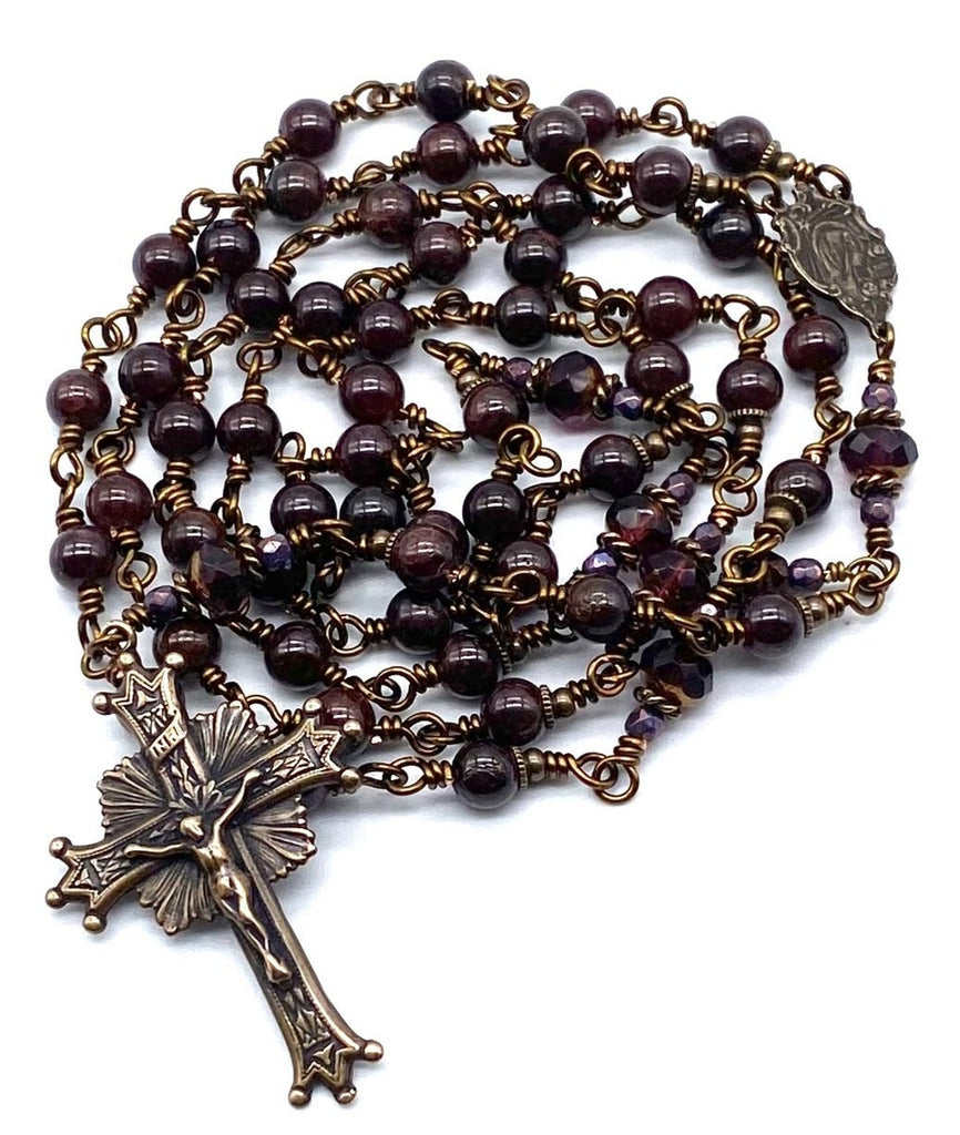 Garnet Faceted Gemstone Wire Wrapped Catholic Heirloom Rosary Medium