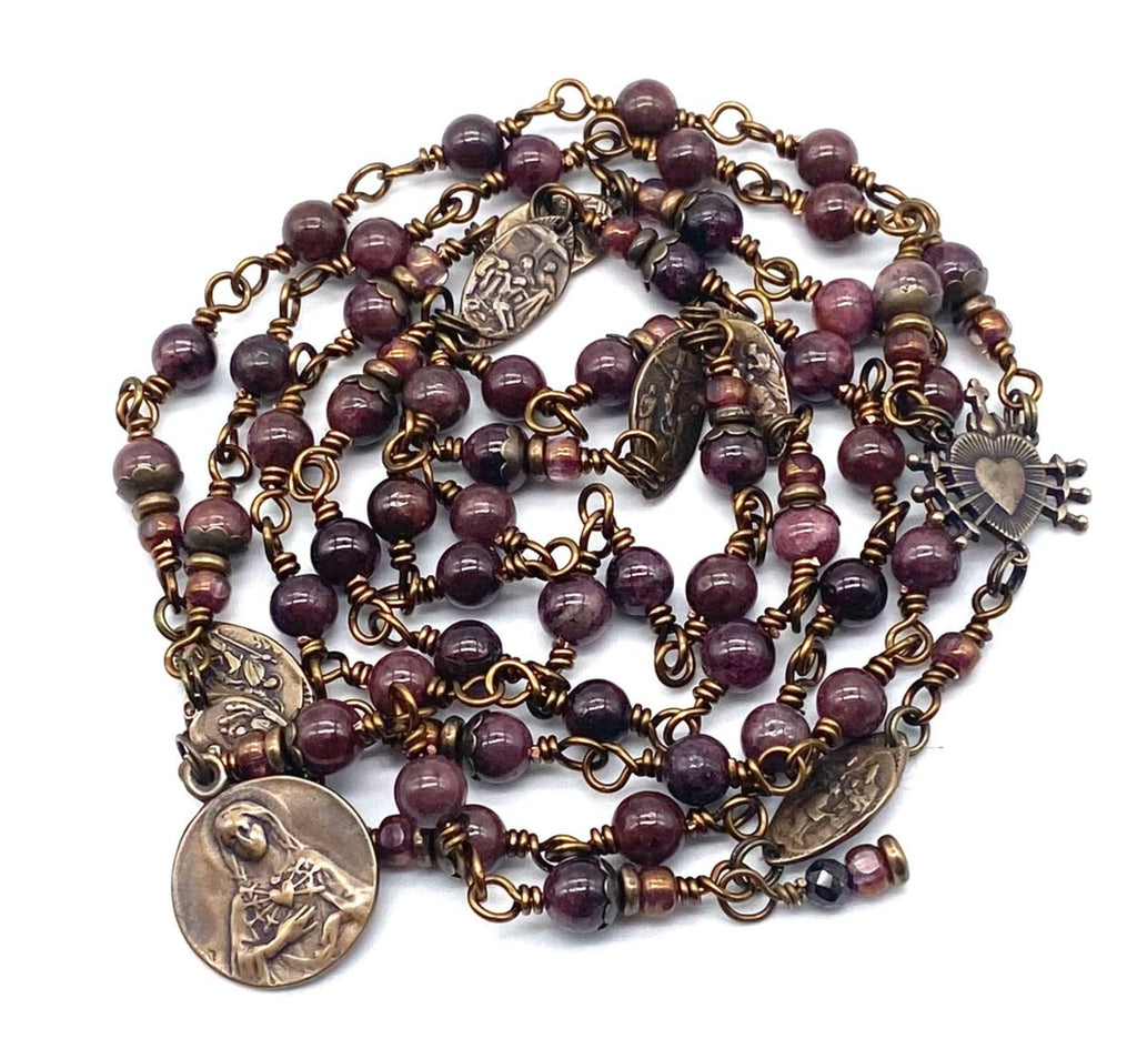 Seven Sorrows Rosary, Natural Garnet Gemstone Heirloom Catholic Servite Delores Rosary Wire Wrapped Solid Bronze MEDIUM