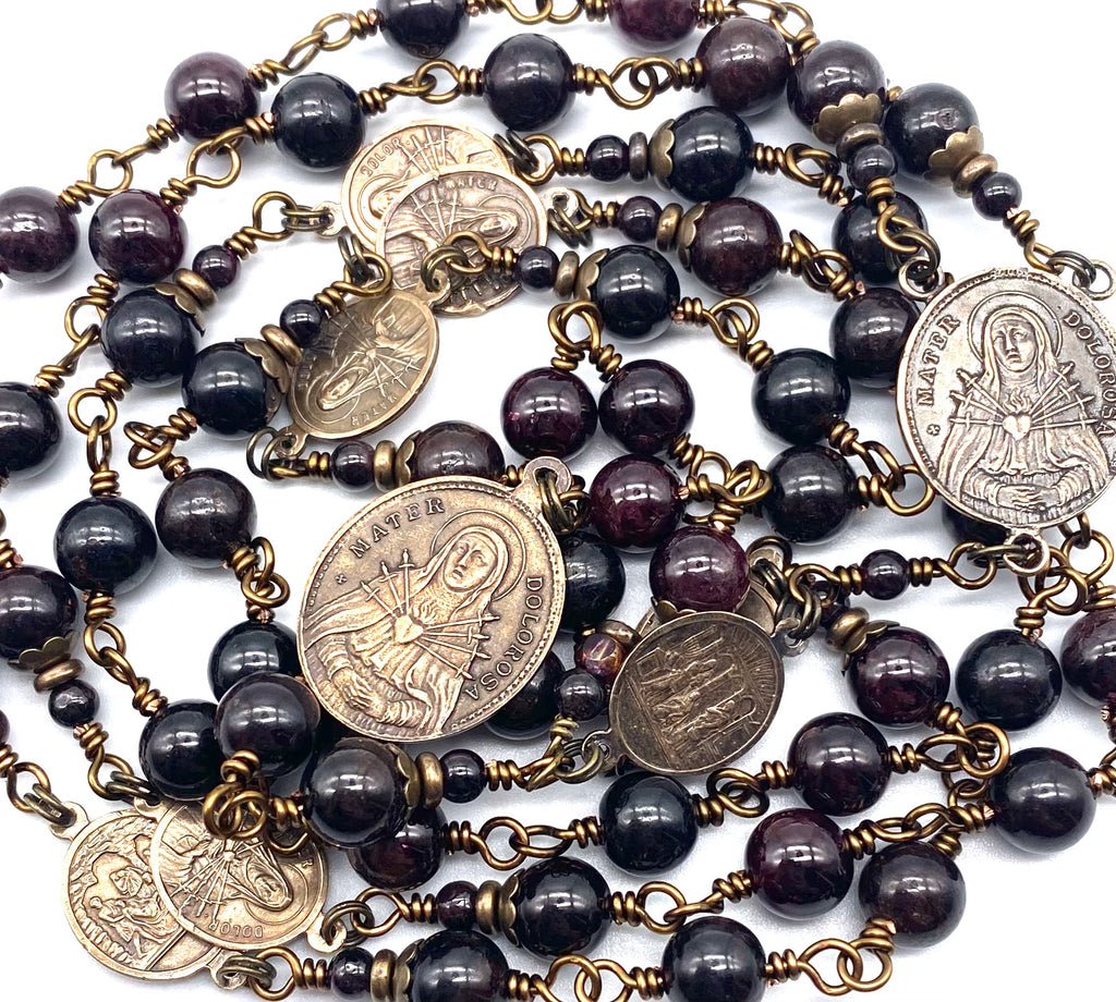 Seven Sorrows Rosary, Garnet Gemstone Heirloom Catholic Servite Delores Rosary Wire Wrapped Solid Bronze LARGE