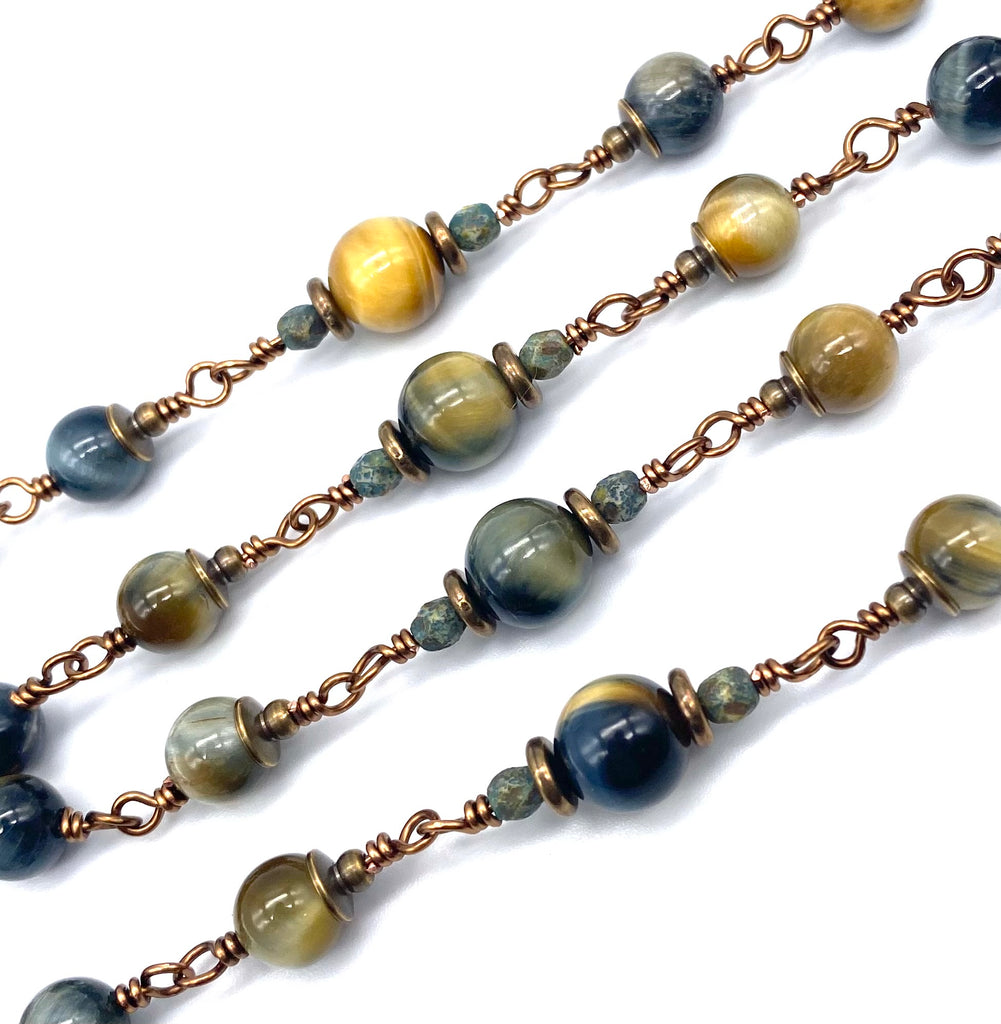 Golden Grey Tiger Eye Gemstone Wire Wrapped Catholic Heirloom Rosary Large