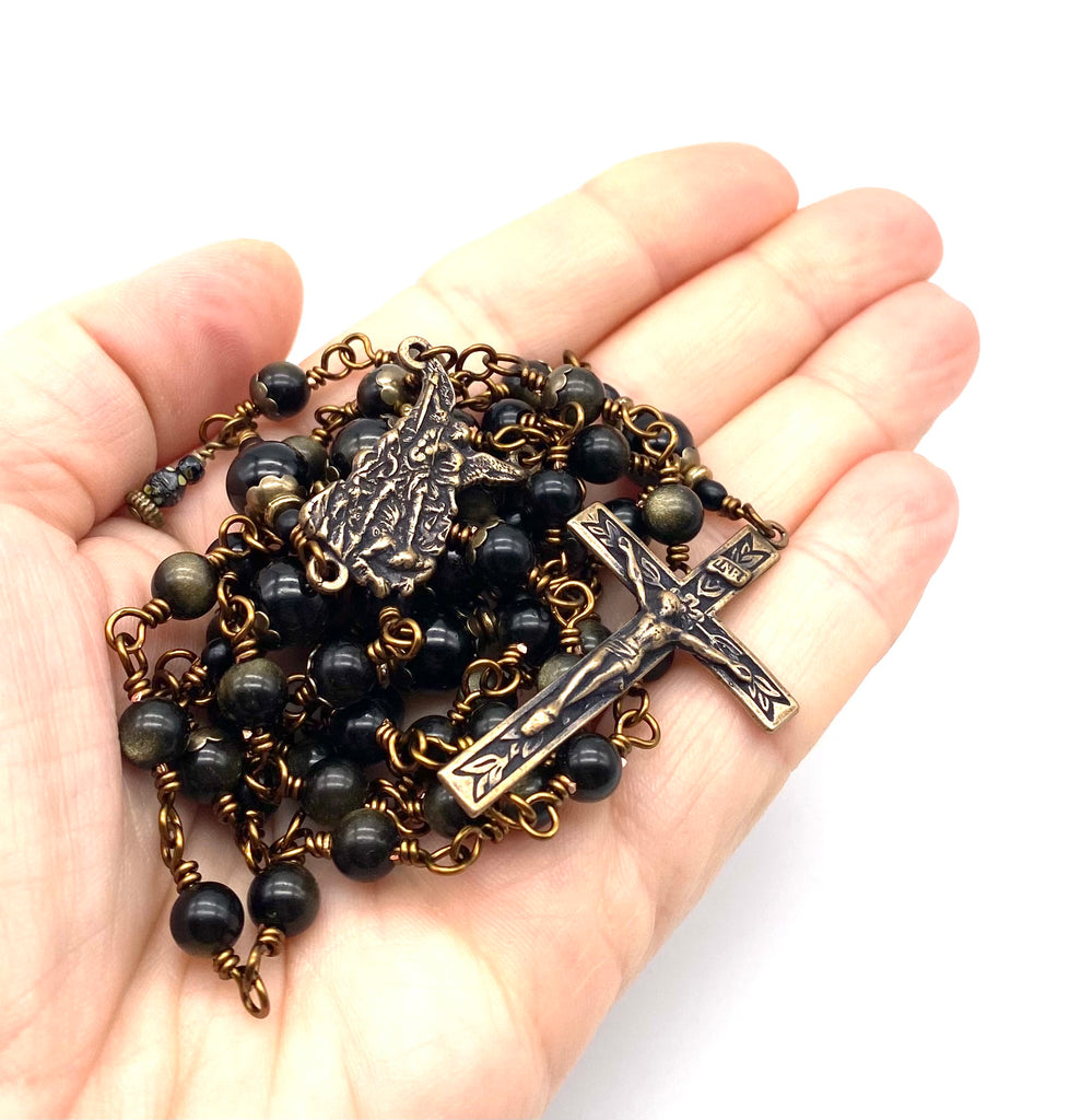 Golden Obsidian Gemstone Wire Wrapped Catholic Heirloom Rosary Medium
